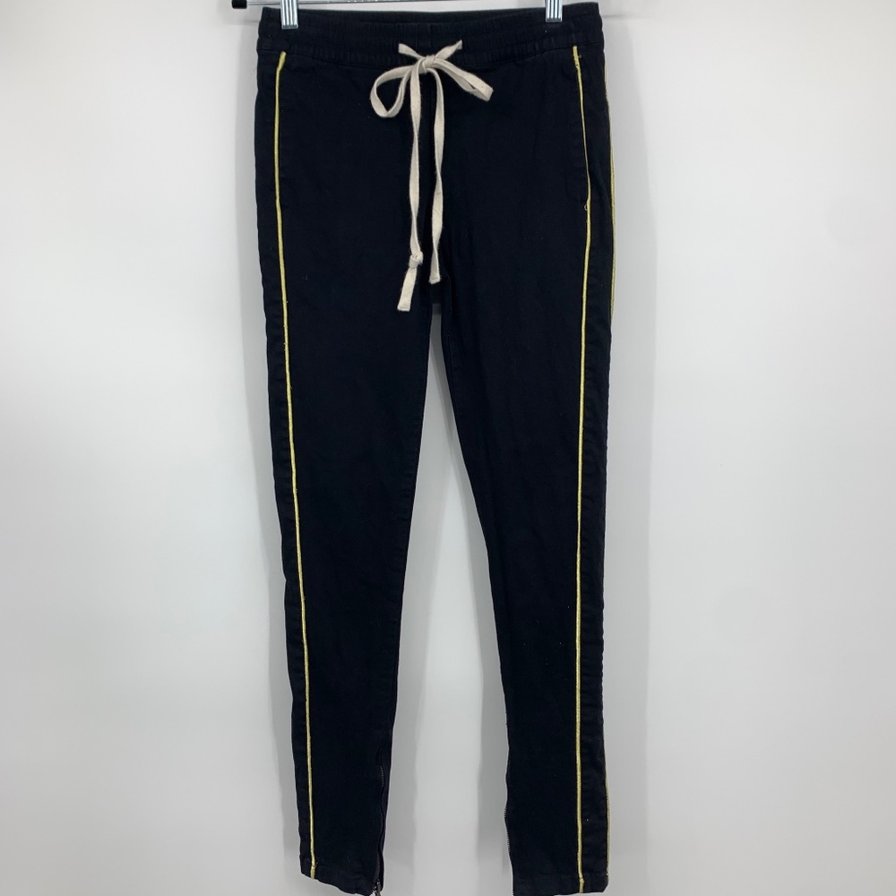 Kayden K womens small pants black twill jogger ankle zip gold side trim distress